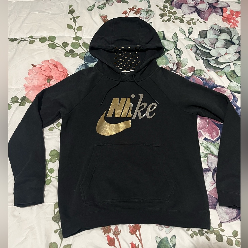 Nike Womens Hoodie Black Gold Silver Metallic Logo Graphic Sweatshirt Small